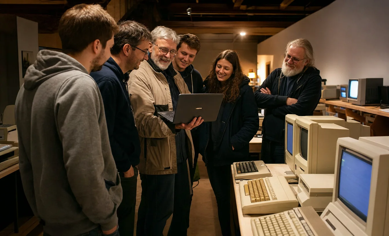 Menschen im Gespräch zwischen alten Computern im Computermuseum