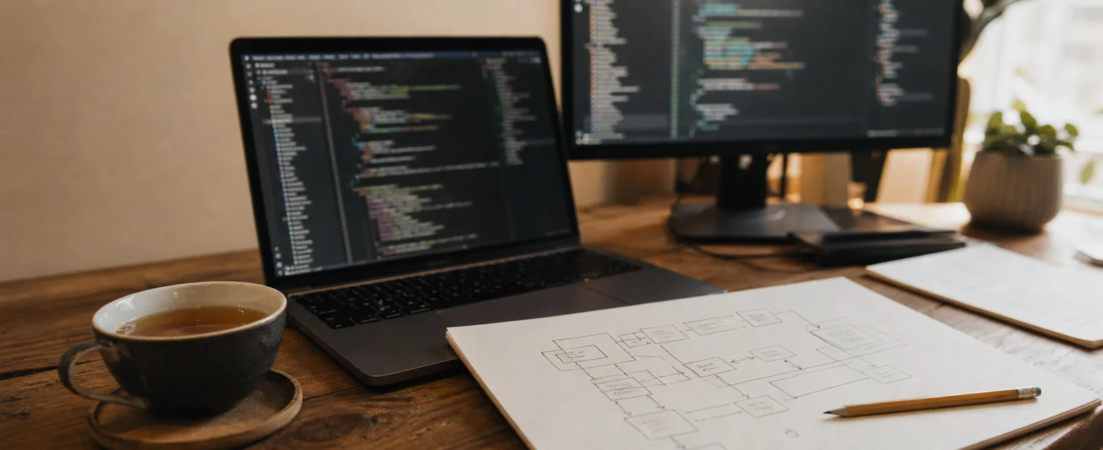 Schreibtisch mit Laptop, zweitem Monitor und skizzierter Architektur auf Papier