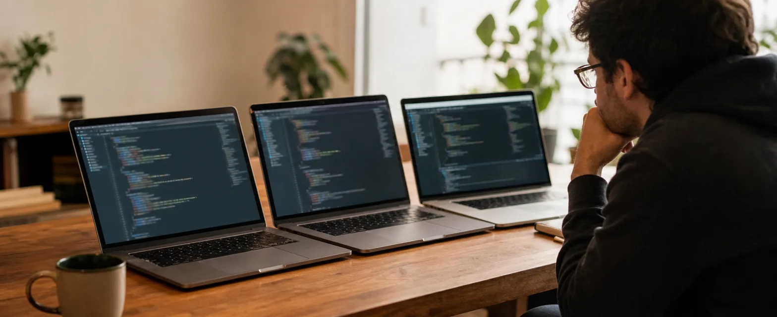 Drei aufgeklappte Laptops nebeneinander, eine Person vergleicht sie