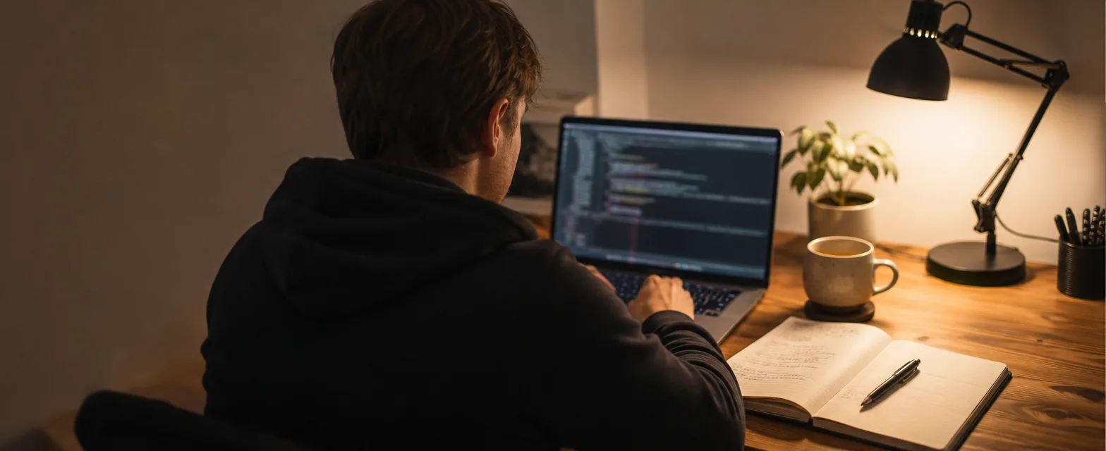 Entwickler im Hoodie arbeitet abends am Laptop mit Terminal und Notizbuch