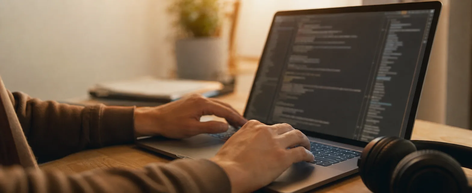 Hände tippen auf einem Laptop mit Terminal, daneben Kopfhörer
