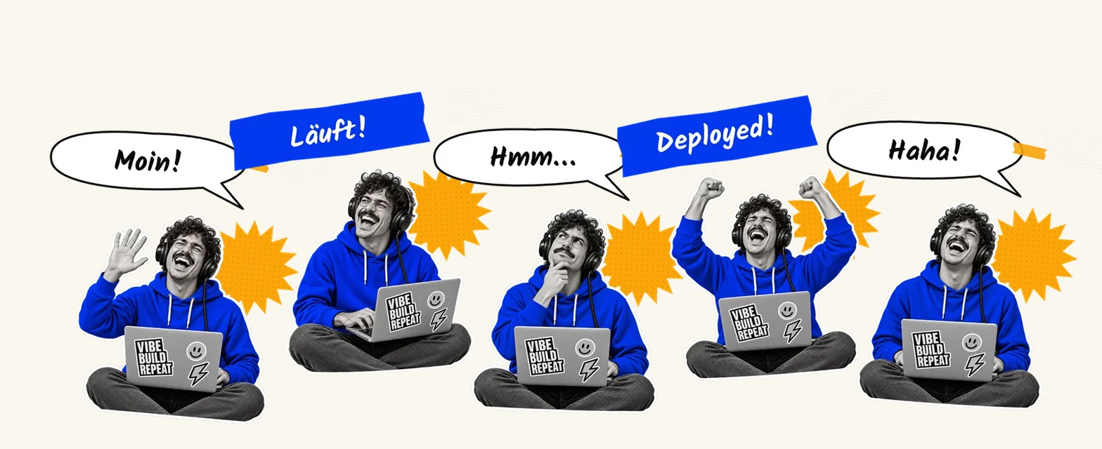 Karl-Dieter in fünf Stimmungen mit den Sprechblasen Moin!, Läuft!, Hmm…, Deployed! und Haha!