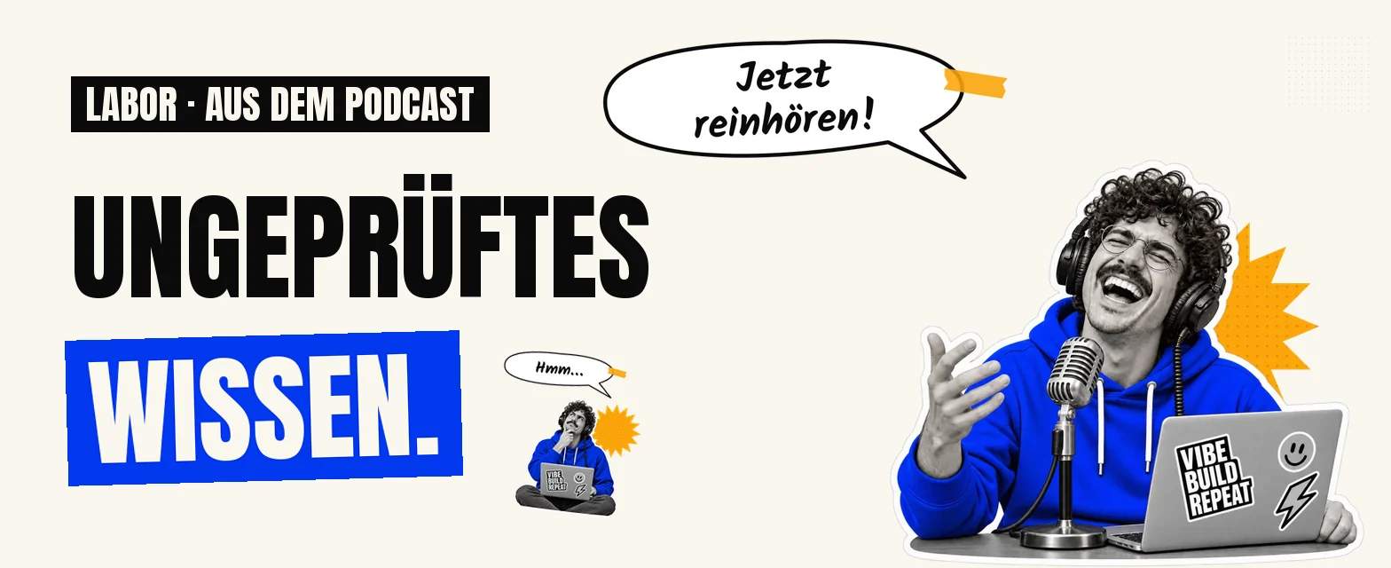 Schriftzug Ungeprüftes Wissen neben Karl-Dieter mit Kopfhörern am Mikrofon, Sprechblase Jetzt reinhören! und Sticker Hmm…
