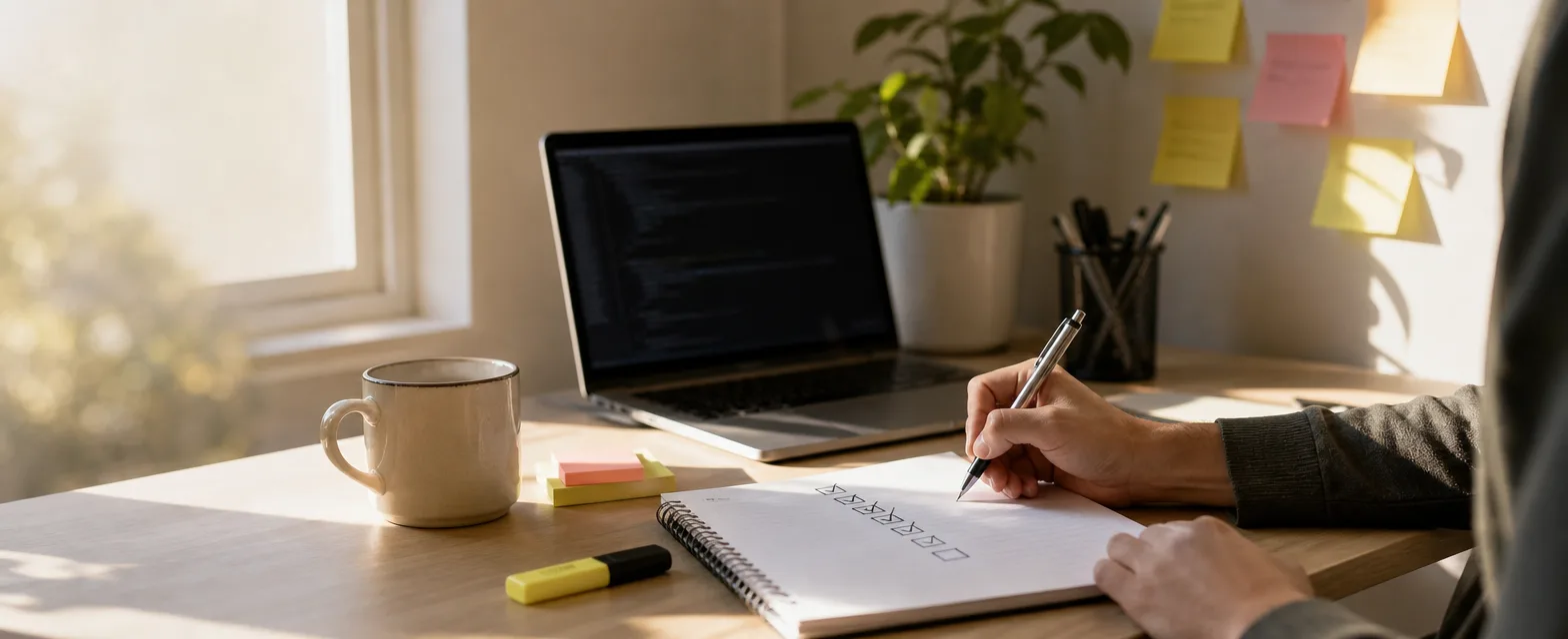 Lernplatz mit Laptop, Checkliste im Notizbuch und Textmarker