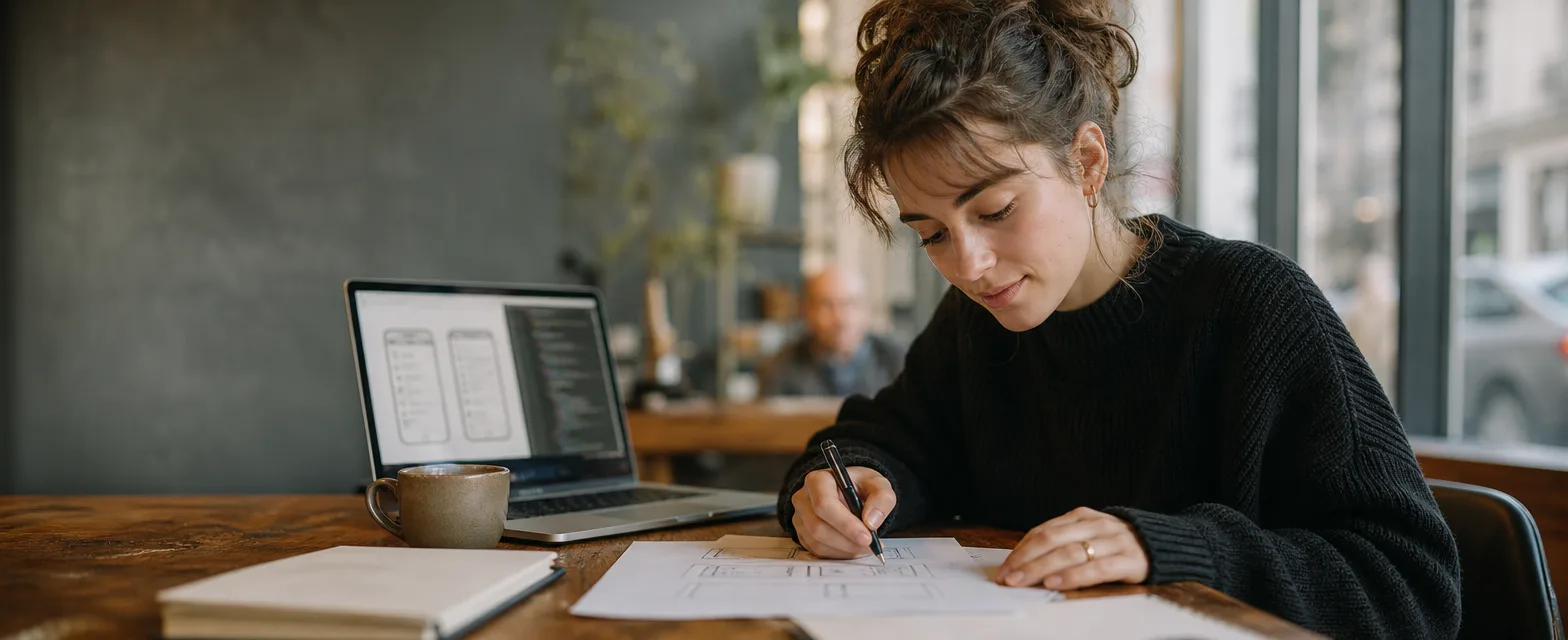Frau skizziert im Café ein App-Layout auf Papier neben ihrem Laptop
