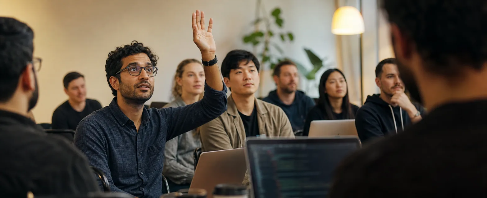 Ein Teilnehmer hebt in einer Runde mit Laptops die Hand, um eine Frage zu stellen