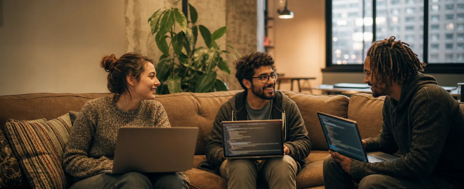 Drei Menschen sitzen mit Laptops auf einem Sofa und unterhalten sich.