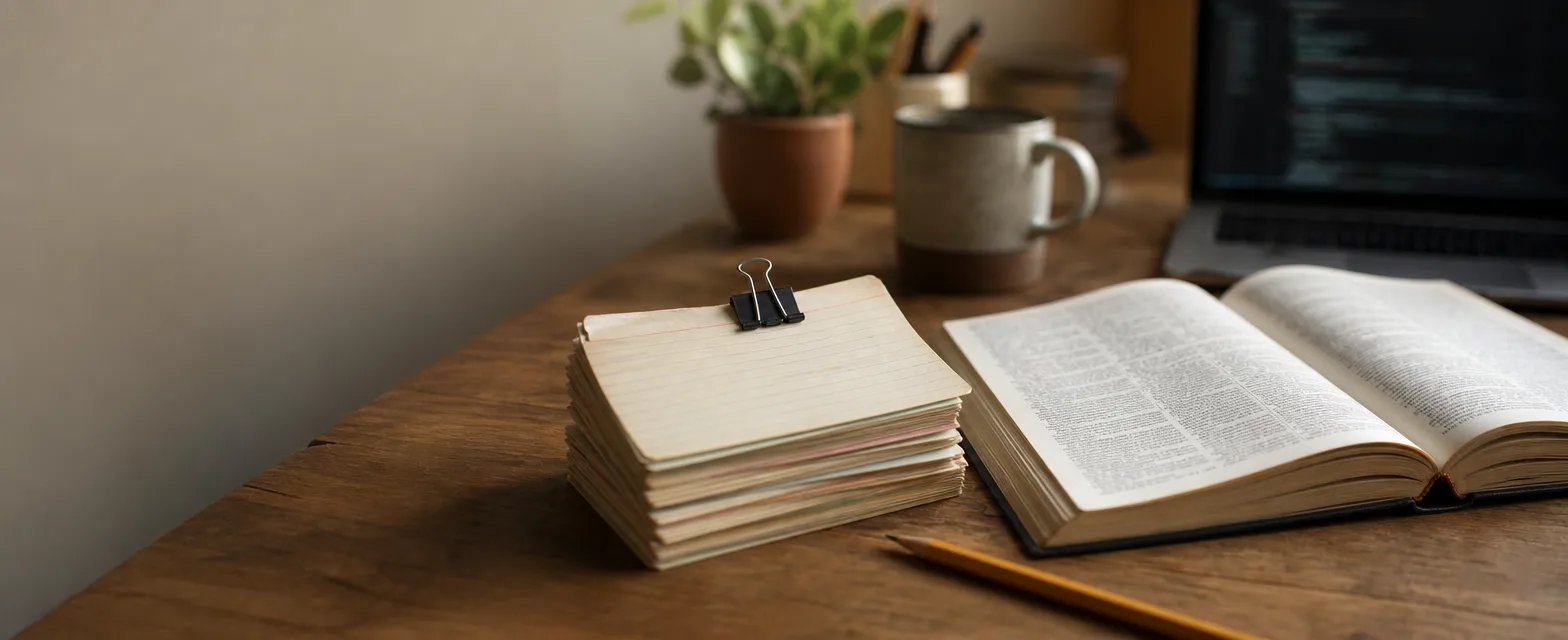 Karteikarten, ein aufgeschlagenes Buch und ein Laptop auf einem Holzschreibtisch