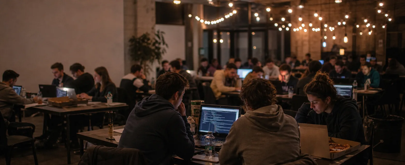 Viele Menschen arbeiten abends mit Laptops und Pizza an Tischen