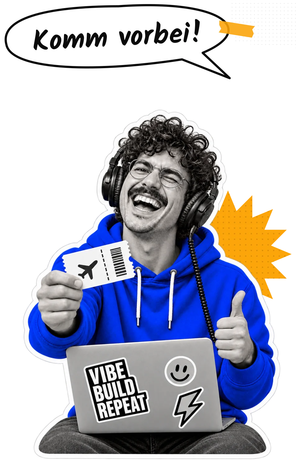 Karl-Dieter, das Maskottchen von Vibecoding Germany, hält lachend ein Ticket hoch und zeigt den Daumen nach oben. Sprechblase: Komm vorbei!