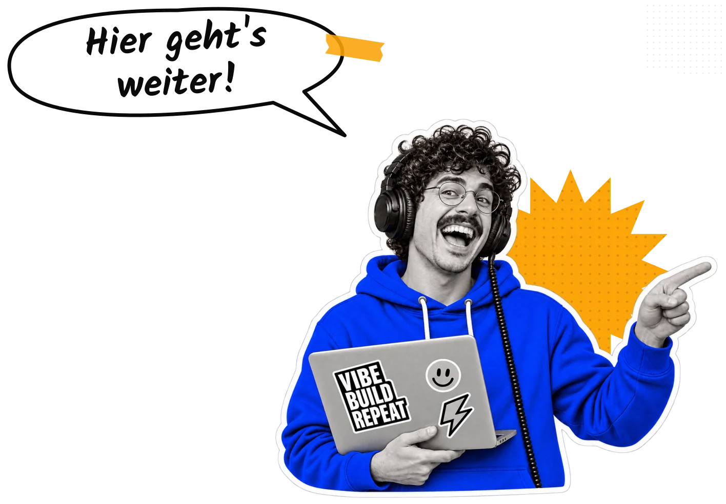 Karl-Dieter, das Maskottchen von Vibecoding Germany, zeigt mit der Hand zur Seite, als wolle er den Weg weisen. Sprechblase: Hier geht's weiter!